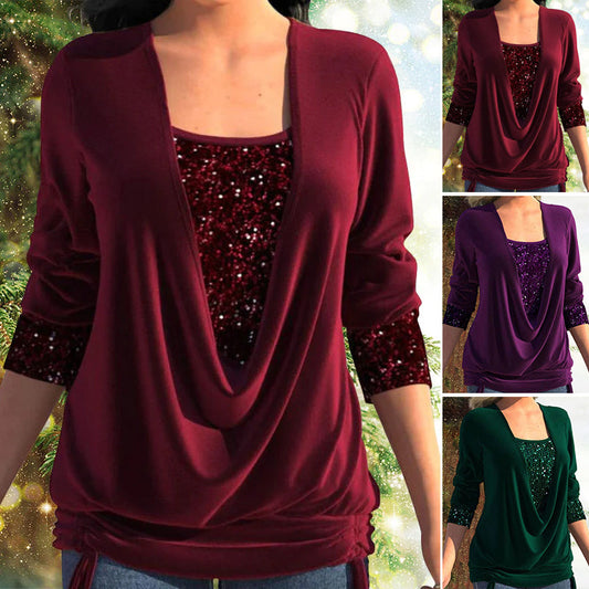 ✨60% OFF! ✨ Sequin Smocked Fake Two-Piece Top - Stretchy Glitter Fabric with Adjustable Drawstring for Holiday Parties 💃🎄