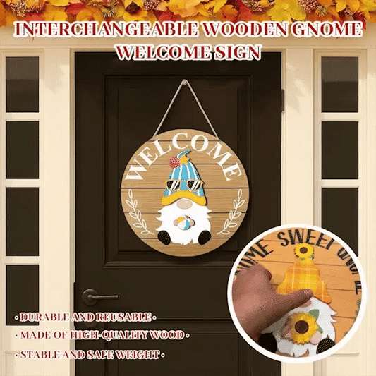 🎄 50% OFF NOW! 🍁 Interchangeable Wooden Gnome Welcome Sign - Customizable Seasonal Decor with Accessories, Perfect for Porch/Garden Holiday Display 🎅✨