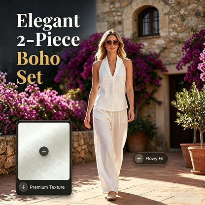 👗 50% OFF NOW! 🌊 Boho Linen Two Piece Set – Halter neck top & wide leg pants – Perfect for beach, vacation or brunch – lightweight & breathable 🌸