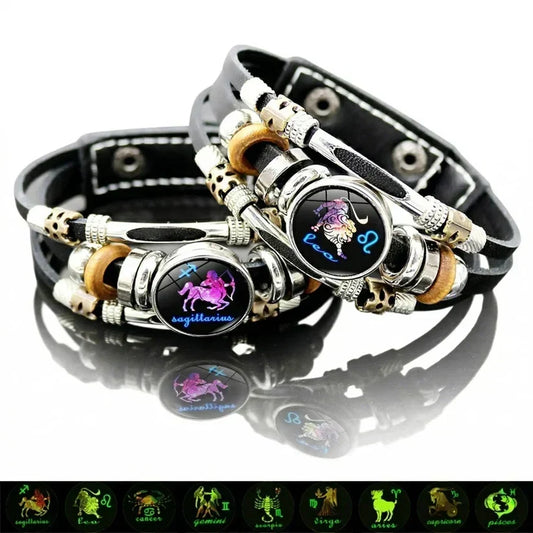⭐ 50% OFF NOW! 🐾 Glow-in-the-Dark Leather Zodiac Bracelet – Glows at night, adjustable & unisex – Perfect for zodiac lovers & everyday wear ✨