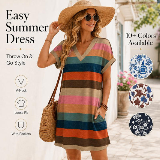 👗 50% OFF NOW! 🎁 Women's Summer Casual V-Neck T-Shirt Dress – Soft, breathable & relaxed fit – Perfect for beach days, errands or lounging – effortless summer style 🌸