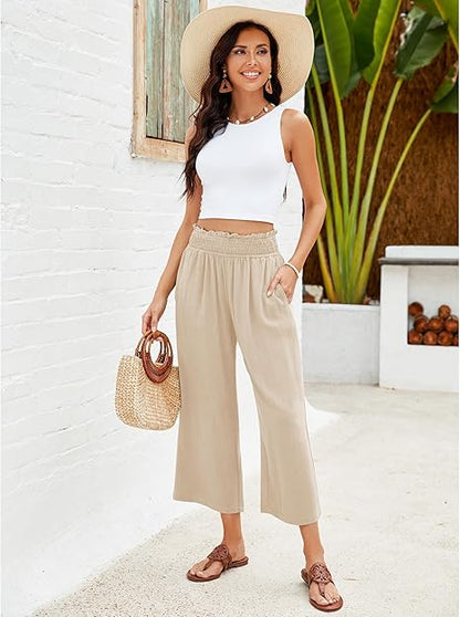👖 50% OFF NOW! ⏰ Women's High Waisted Wide Leg Linen Capri Pants – Elastic Smock Waist & Breathable Fabric – Flattering fit, effortless style – perfect for warm days 🌸