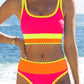 👙 60% OFF NOW! 🌈 Color Block Patchwork Nylon Sporty 3-Piece Bikini Set – High Waisted, Tummy Control & Perfect for Beach Days 🏖️