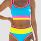 👙 60% OFF NOW! 🌈 Color Block Patchwork Nylon Sporty 3-Piece Bikini Set – High Waisted, Tummy Control & Perfect for Beach Days 🏖️
