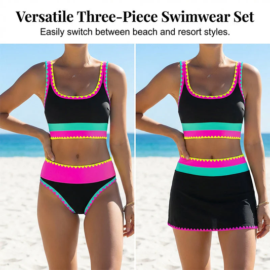 👙 60% OFF NOW! 🌈 Color Block Patchwork Nylon Sporty 3-Piece Bikini Set – High Waisted, Tummy Control & Perfect for Beach Days 🏖️