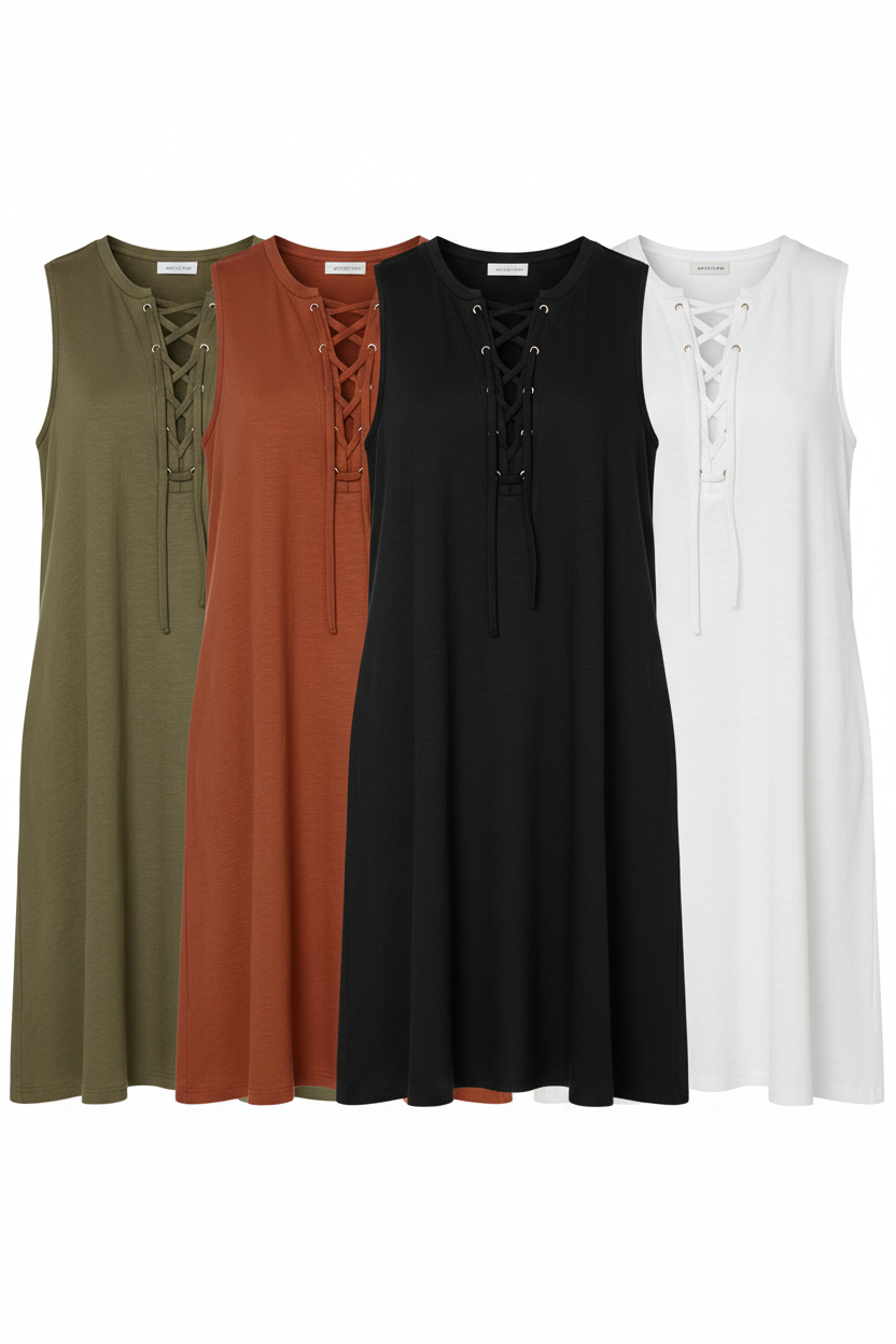 Sleeveless lace-up cotton blend dress in multiple colours