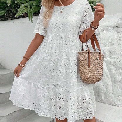👗 50% OFF NOW! 💖 Women's Solid Round Neck Floral Cut-Out Dress – Floral detailing, breathable & perfect for a chic summer look 🌸
