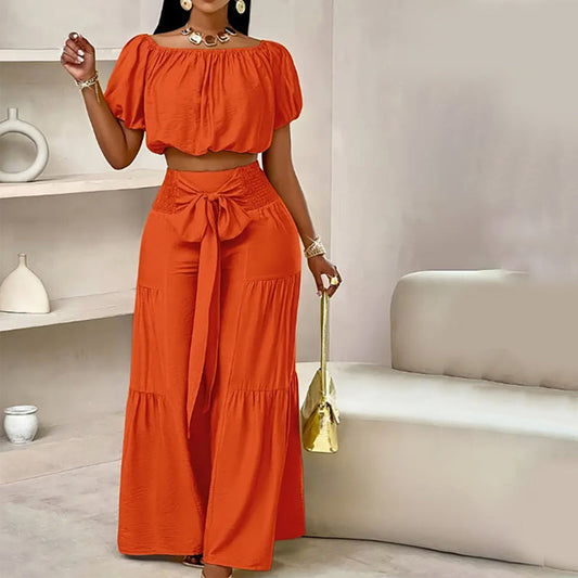 👚 60% OFF NOW! 🌸 Off-Shoulder Puff Sleeve Top & Wide-Leg Pants 2-Piece Set – Elegant, Comfortable & Perfect for Summer Days ☀️