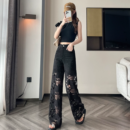 👖 50% OFF NOW! 💎 Women's Spliced Hot Rhinestones Printing Hollow Pants – Edgy Design, Breathable & Eye-Catching Style ✨