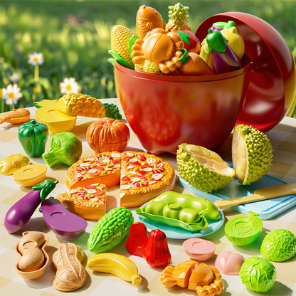 🍎 50% OFF! ✨ PRETEND CUTTING PLAY FOOD - 20+ Wooden Pieces with Velcro, Safe & Educational Toy for Kids 3+, Develops Fine Motor Skills 🎁🔪