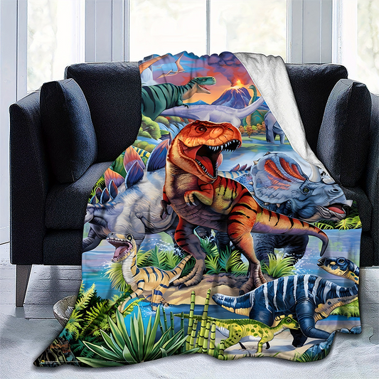 Vibrant Dinosaur Print Flannel Throw Blanket