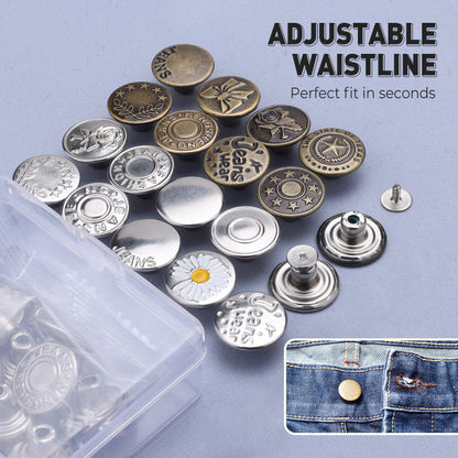 👖 50% OFF NOW! 🔘 Removable No-Sew Jeans Buttons Set – Quick Fix for Pants & Jackets, Adjustable Fit & Easy Application 🛠️📦