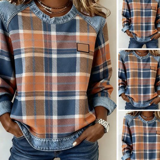 👚 60% OFF NOW! 🎉 Denim & Plaid Patchwork Top – Long Sleeve, Fashion Design & Comfortable Fit 📦