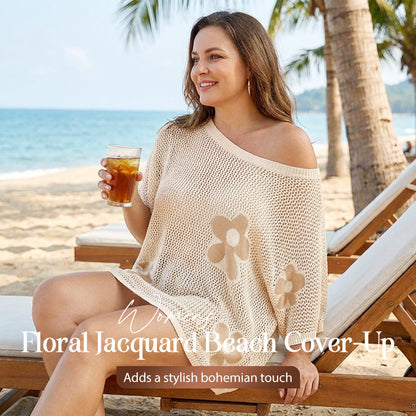 👙 50% OFF NOW! 🌺 Women's Floral Jacquard Beach Cover-Up – Breathable Hollow-Knit & Includes Bikini Set for Perfect Beach Style 🏖️