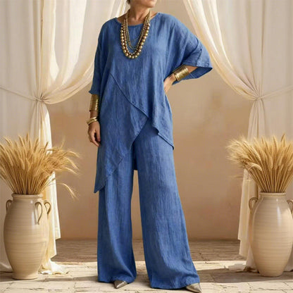 👚 50% OFF NOW! 🌿 Women's Two-Piece Loose Fit Outfit – Asymmetrical Top & Wide-Leg Pants, Lightweight & Wrinkle-Resistant for Effortless Style 🌸
