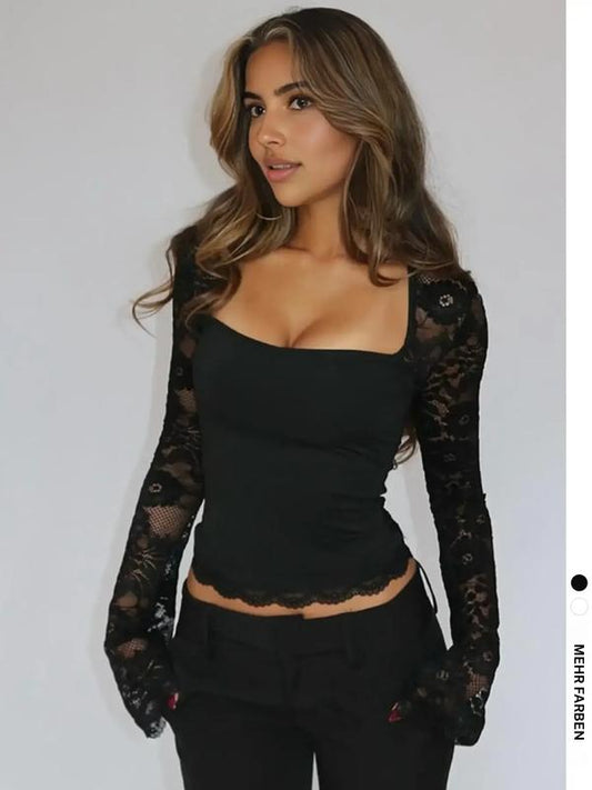 👚 50% OFF NOW! 🌸 Women's Solid Color T-Shirt – Floral Lace, Split Ruffles & Sheer Sleeves for a Romantic Look ✨