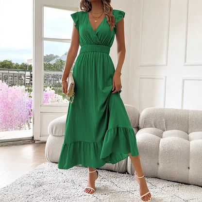 👗 50% OFF NOW! 💃 V-Neck Ruffled Waist-Defining Maxi Dress – Flattering Fit, Elegant Design & Perfect for Any Occasion 🌸