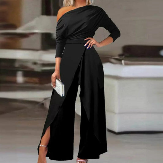 👗 50% OFF NOW! ✨ Women's Elegant One-Shoulder Jumpsuit – Wide-Leg Flow, Wrap Skirt Detail & Premium Breathable Fabric for a Chic Look 💃