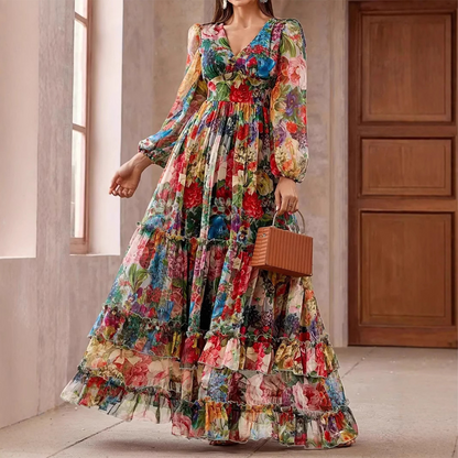 👗 50% OFF NOW! 🌸 Romantic V-Neck Lantern Sleeve Floral Dress – Elegant, Flowy & Perfect for Special Occasions ✨