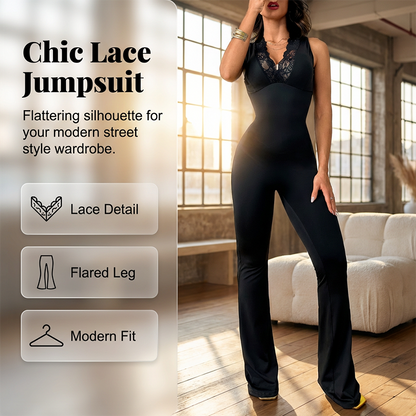 👗 50% OFF NOW! ✨ Elegant Lace V-Neck Jumpsuit – Bodycon Fit, Flared Legs & Romantic Style for Nights Out 💃