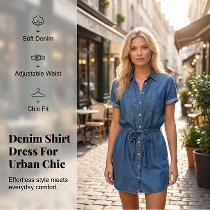 👗 50% OFF NOW! 🔥 Women's Casual Denim Shirt Dress with Drawstring Waist – Soft, breathable & adjustable – Perfect for summer, beach or casual outings – relaxed and chic 🌸