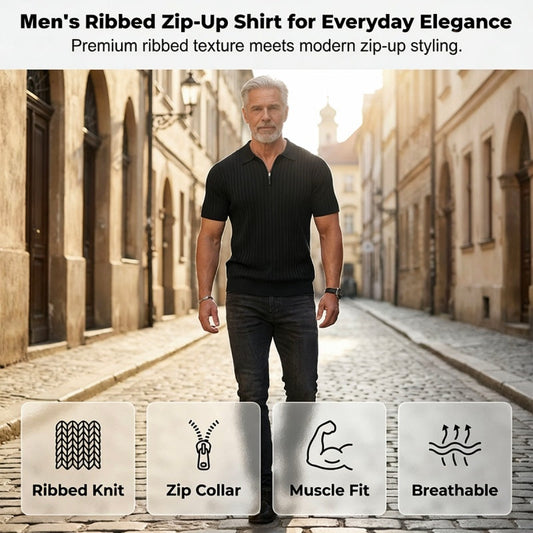 👕 50% OFF NOW! ⚡ Men's Short Sleeve Ribbed Knit Zip-Up Shirt – Soft & stretchy – Modern fit, breathable – perfect for casual days or layering under jackets 🔥