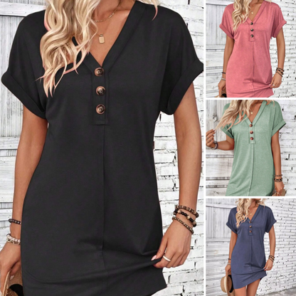 👗 50% OFF NOW! ⏰ Women's Fashion V-Neck Button Dress – Timeless solid colors & soft fabric – Rolled sleeves, flattering & breathable – perfect for work, brunch or summer days 🌸