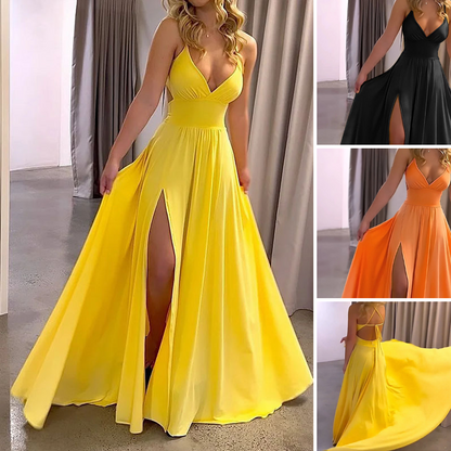 👗 50% OFF NOW! 🌸 V-Neck Spaghetti Strap High Slit Maxi Dress – Flowy Fabric, Elegant Fit & Perfect for Summer Evenings 💃