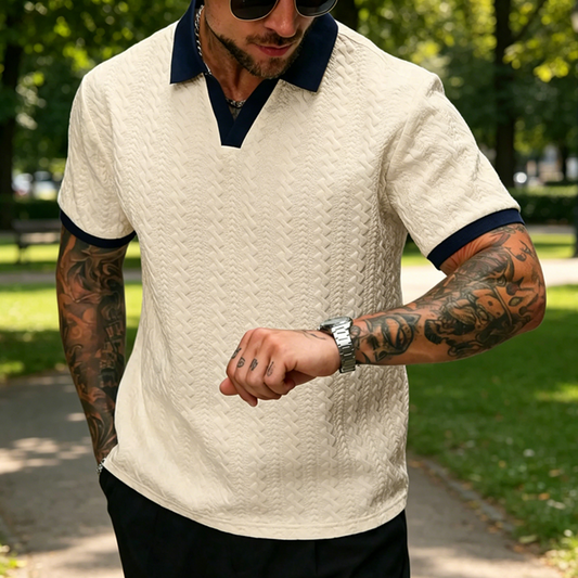 👕 50% OFF NOW! ✨ Men's Casual Textured Top – Contrast Collar & Knit Fabric – Versatile, easy care & perfect for office or relaxed weekends 🎩
