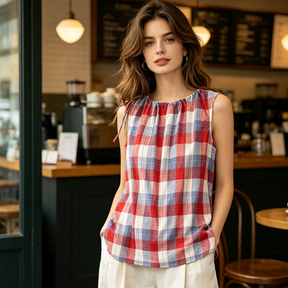 👚 50% OFF NOW! 🌸 Women's Plaid Tie-Shoulder Sleeveless Top – Adjustable straps & lightweight – Breezy fit, perfect for summer days or beach cover-ups – cute and casual 🏖️
