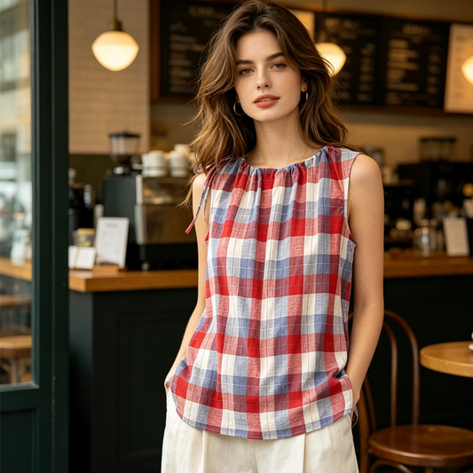 👚 50% OFF NOW! 🌸 Women's Plaid Tie-Shoulder Sleeveless Top – Adjustable straps & lightweight – Breezy fit, perfect for summer days or beach cover-ups – cute and casual 🏖️