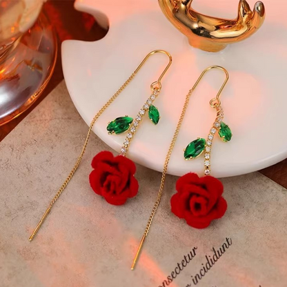 🌹 50% OFF NOW! 💎 Red Rose Threader Earrings with Crystal Stem – Delicate Design, Lightweight & Perfect for Romantic Occasions or Everyday Elegance ✨