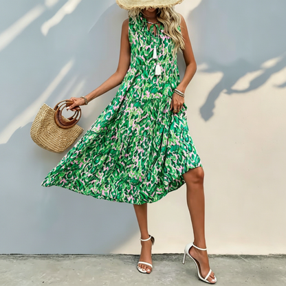 👗 50% OFF NOW! 🌸 Women's Sleeveless Abstract Print Tiered Midi Dress – Flowy Fit, Unique Pattern & Perfect for Beach, Brunch or Day Out ☀️