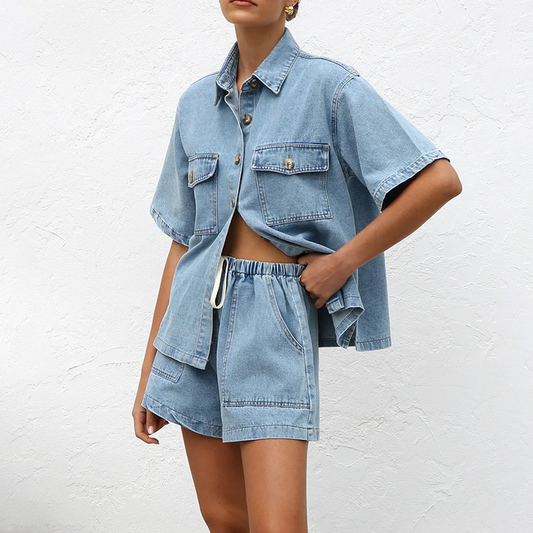 👕 50% OFF NOW! ✨ Denim Shirt & Shorts Set – Casual Comfort! – Soft cotton blend, relaxed fit & perfect for summer days – easy breezy 2-piece look 🩳