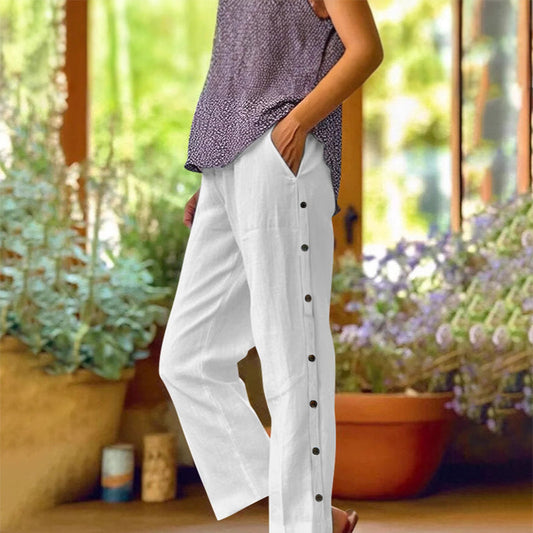 👖 50% OFF NOW! 🧵 Casual Solid-Color Loose-Fit Cropped Pants with Side Buttons – Lightweight & breathable – Perfect for summer, beach or relaxed office days – comfortable and stylish 🌸✨