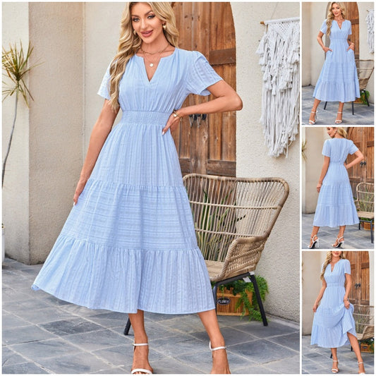 👗 50% OFF NOW! 💜 Women's Lightweight Short Sleeve V-Neck Elastic Waist Dress – Breezy & flattering – Perfect for summer, brunch or beach days – easy, comfortable style 🌸