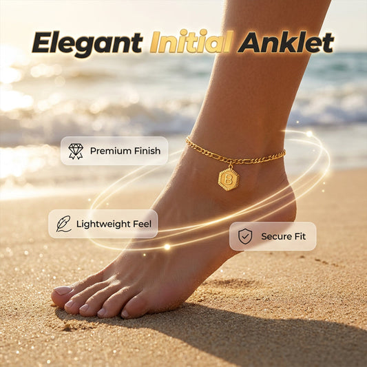 ✨ 47% OFF NOW! 🔥 Gold Initial Anklet with Figaro Chain – Personalized letter, tarnish-resistant & adjustable length – perfect for summer feet or gift giving 👣