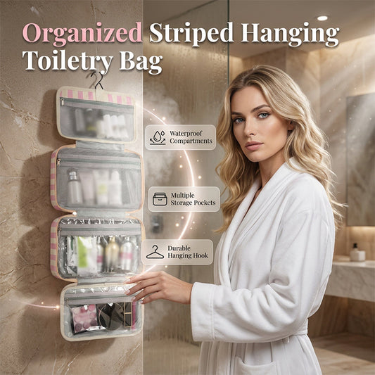 🧳 50% OFF NOW! 🔥 Striped Hanging Travel Toiletry Bag – 30K+ SOLD! – Multi-compartment, waterproof & compact – perfect for travel or gym 🛁✨