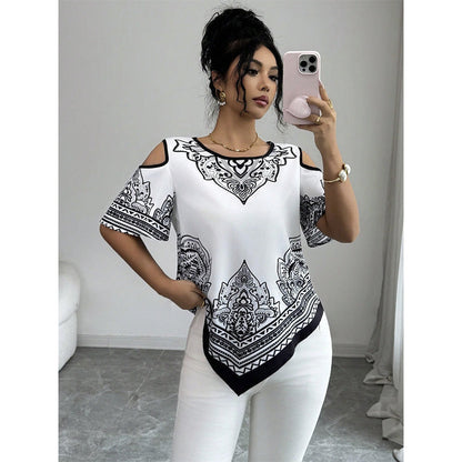 👚 50% OFF NOW! 🌸 Boho Chic Cold Shoulder Top – Irregular hem & short sleeve – Lightweight, flowy & perfect for summer days or beach cover-ups – relaxed and stylish 🌊