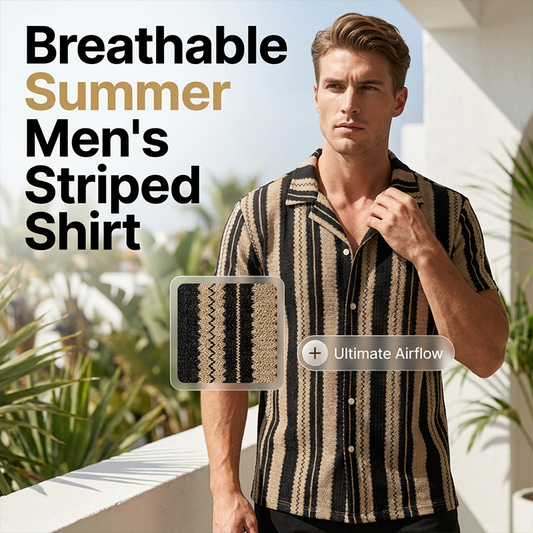 👔 50% OFF NOW! 💥 Men's Breathable Vertical Stripe Short Sleeve – Wavy texture & Cuban collar – Relaxed fit, perfect for summer or casual beach days – lightweight and stylish 🌊