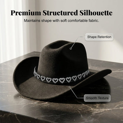 🤠 50% OFF NOW! 💖 Women's Rhinestone Heart Cowboy Hat – Elegant French jazz fedora – Sparkly detail, lightweight & adjustable – perfect for festivals, parties or chic summer style 🎶