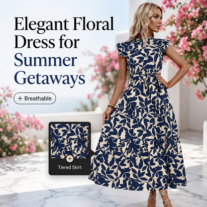 👗 50% OFF NOW! 🌸 Women's Summer Ruffled Flutter Sleeve Tie Waist Floral Midi Dress – Lightweight & romantic – Flattering fit, perfect for beach weddings or brunch – easy and elegant 💃