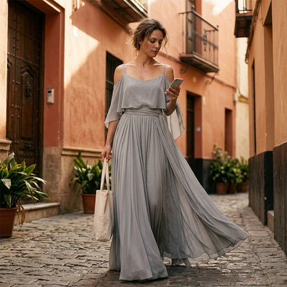 👗 50% OFF NOW! 💥 Women's Elegant Cold Shoulder Flowy Maxi Dress – Cinched waist & spaghetti straps – Off-shoulder design, perfect for summer parties or beach weddings ✨🌊