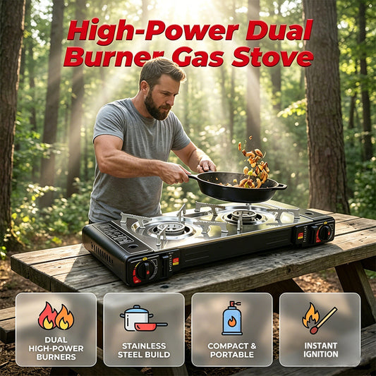 🔥 50% OFF NOW! 🍳 Portable Dual Burner Butane Stove – Lightweight & piezo ignition – Perfect for camping, tailgating or outdoor cooking – compact and easy to carry ⛺✨