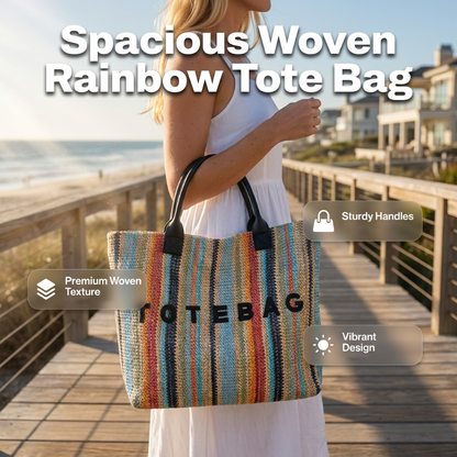 👜 50% OFF NOW! 🌈 Women's Rainbow Striped Woven Tote Bag – Lightweight & spacious – Perfect for beach, shopping or everyday use – colourful and durable ✨🏖️
