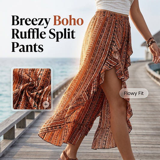 👖 50% OFF NOW! 🌸 Women's Elastic Printed Ruffle Split 7/8 Pants – Flowy & lightweight – Perfect for summer, beach or resort wear – stylish and comfortable 🌊✨