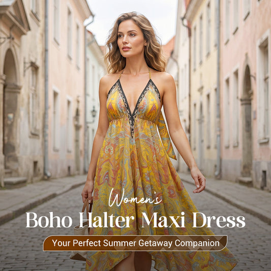 👗 50% OFF NOW! ⏳ Women's Boho Deep V Halter Maxi Dress – Flowy & romantic – Perfect for beach, summer parties or vacations – lightweight and elegant 🌺✨