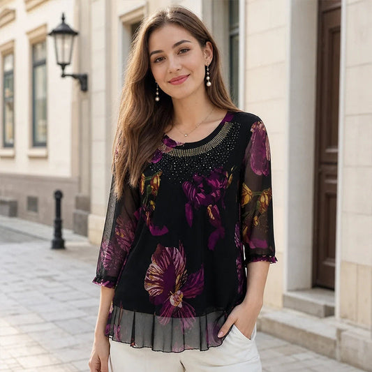👚 50% OFF NOW! 🌸 Elegant Floral Print Tunic Top – Sheer 3/4 sleeves & double-layer hem – Plus size, lightweight & breezy – perfect for summer or boho chic 🌿✨