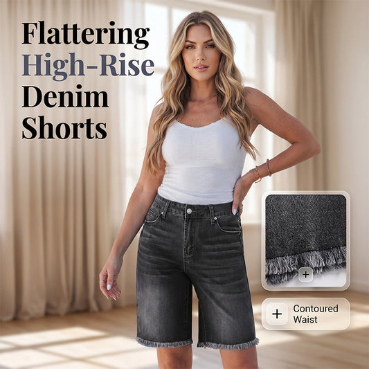 🩳 50% OFF NOW! 🌸 Women's Casual High Waisted Fringed Denim Shorts – Stretchy & raw hem – Perfect for summer, beach or casual outings – comfortable and trendy 🏖️✨