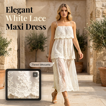 👗 50% OFF NOW! 🌸 Women's Elegant White Lace Spaghetti Strap Maxi Dress – Romantic & lightweight – Perfect for beach, weddings or summer events – delicate and airy ✨🌿💃